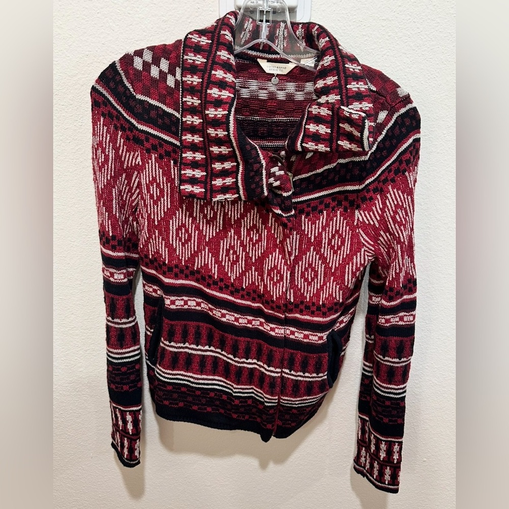 Lucky Brand Red Striped Nordic Style
Zip Sweater Women's Size Small